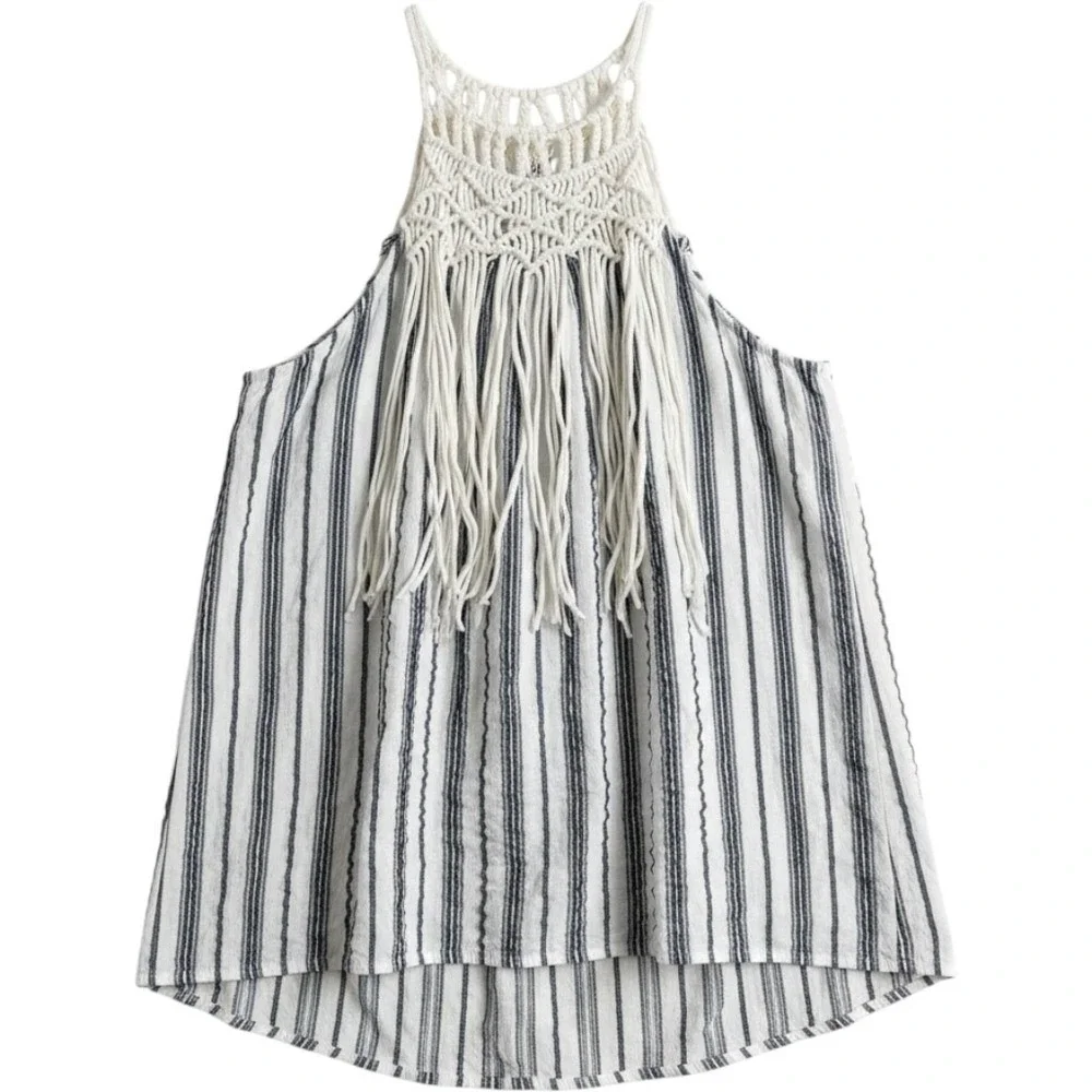 Knox Rose Macrame Fringe Striped Tank Top Size S Blue White Woven‎ Halter Boho